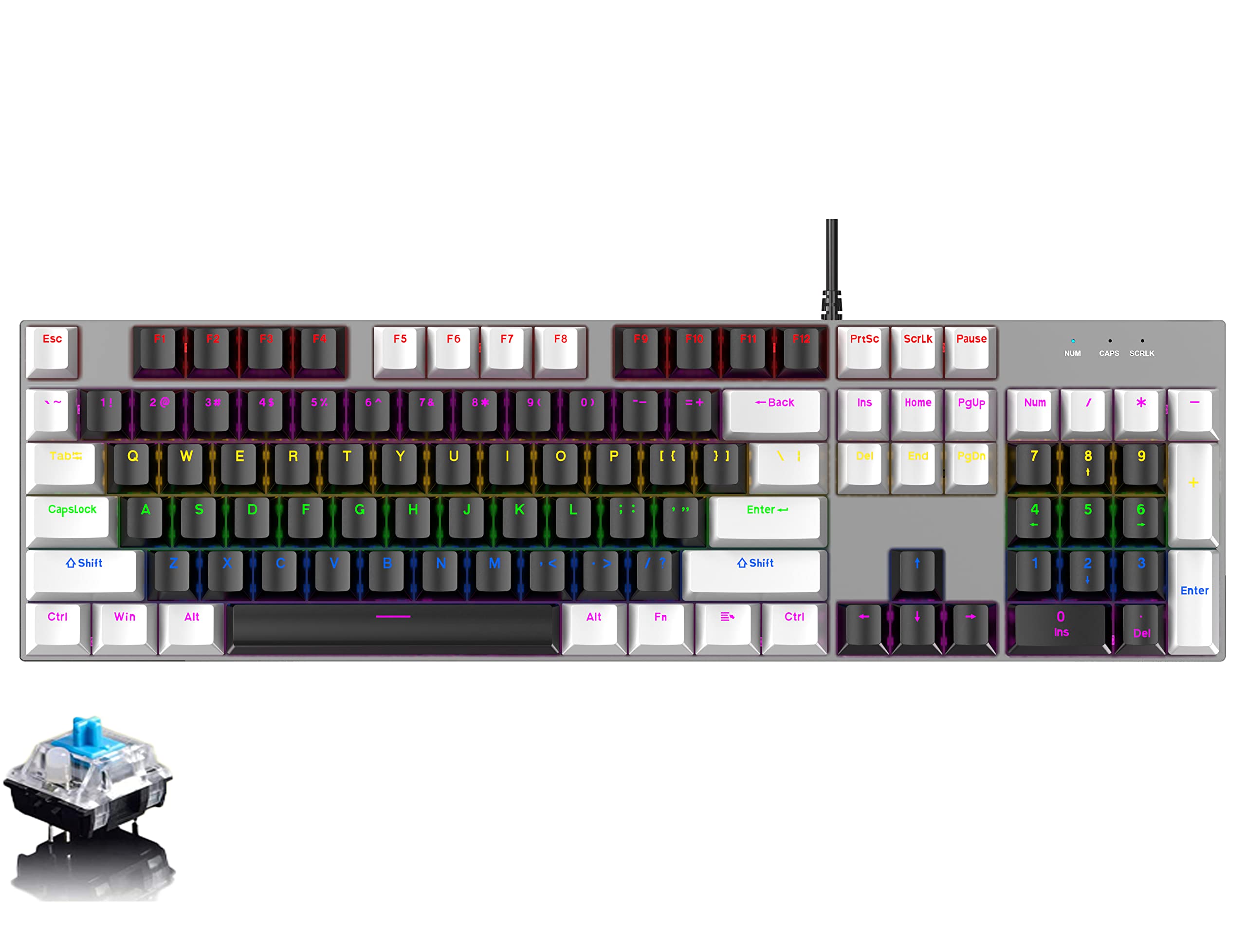 Basaltech Mechanical Gaming Keyboard with White LED Backlit, 104-Key Anti-Ghosting Blue Switch Ergonomic Metal Panel Classic Keycaps Light Up Keyboard Wired USB for PC, Laptop, Mac