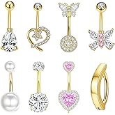 14G Belly Button Ring Surgical Stainless Steel Navel Piercing Jewelry Hypoallergenic Cute Butterfly Clicker Clip Hoop Pink Heart Belly Button Piercings Pack for Women Dainty Navel Ring