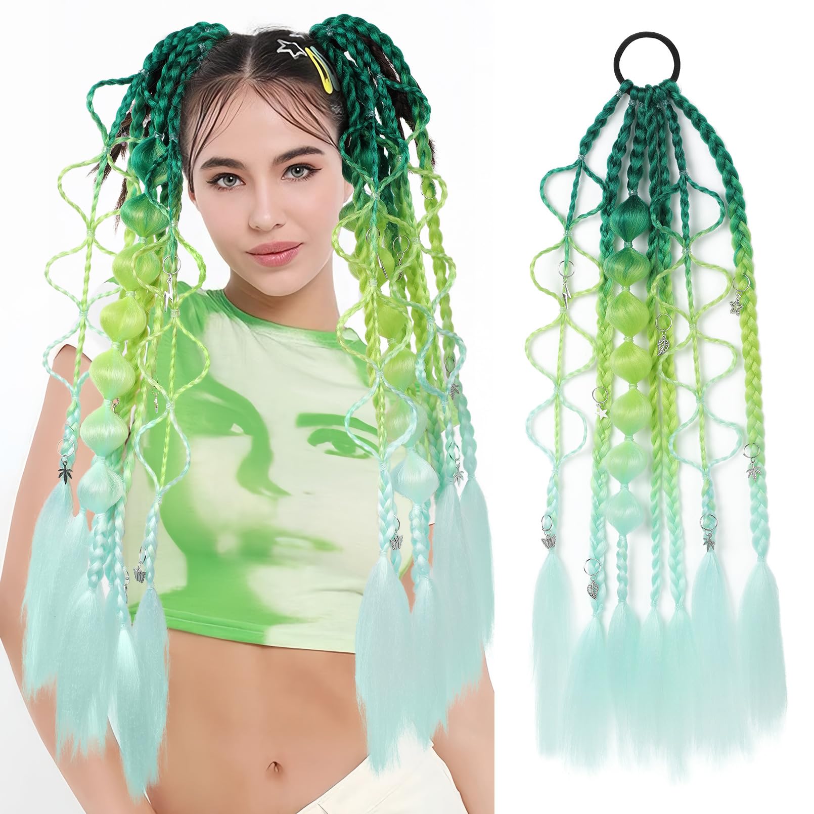 Photo 1 of SEIKEA Colored Hair Extensions, Lightweight Colored Hair Extensions for Kids, Ombre Braided Bubble Ponytail Extension with Hair Tie, 24" Crazy Hair Day Accessories for Girls Festival Rave Braids S1