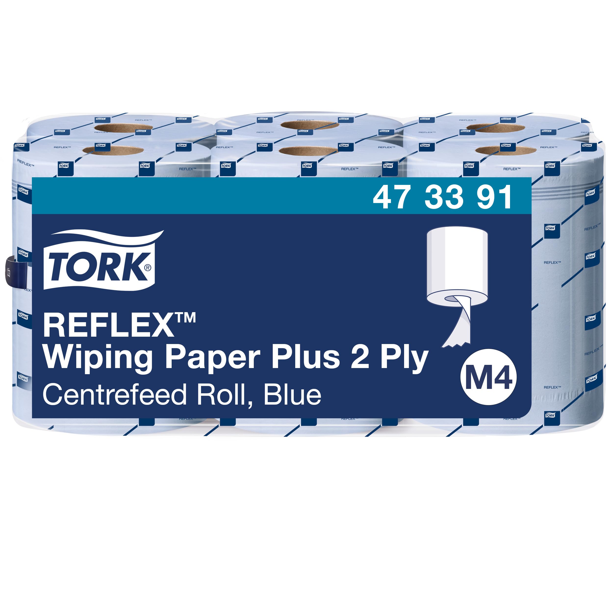 Tork 473391 Reflex Wiping Paper Plus / 2 Ply Absorbent Advanced Paper Roll Suitable for Tork M4 Reflex Centrefeed System / Blue / 6 x 150.8m / Ø 18.5cm