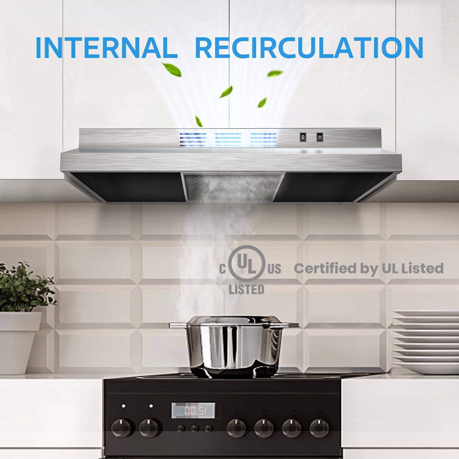 Midea MVU30W2AST Range 30 Inch Under Cabinet Vent Ductless Convertible with Durable Stainless Steel, 200 CFM Kitchen Hood with 2 Reusable Filter, 2 Speed Exhaust Fan