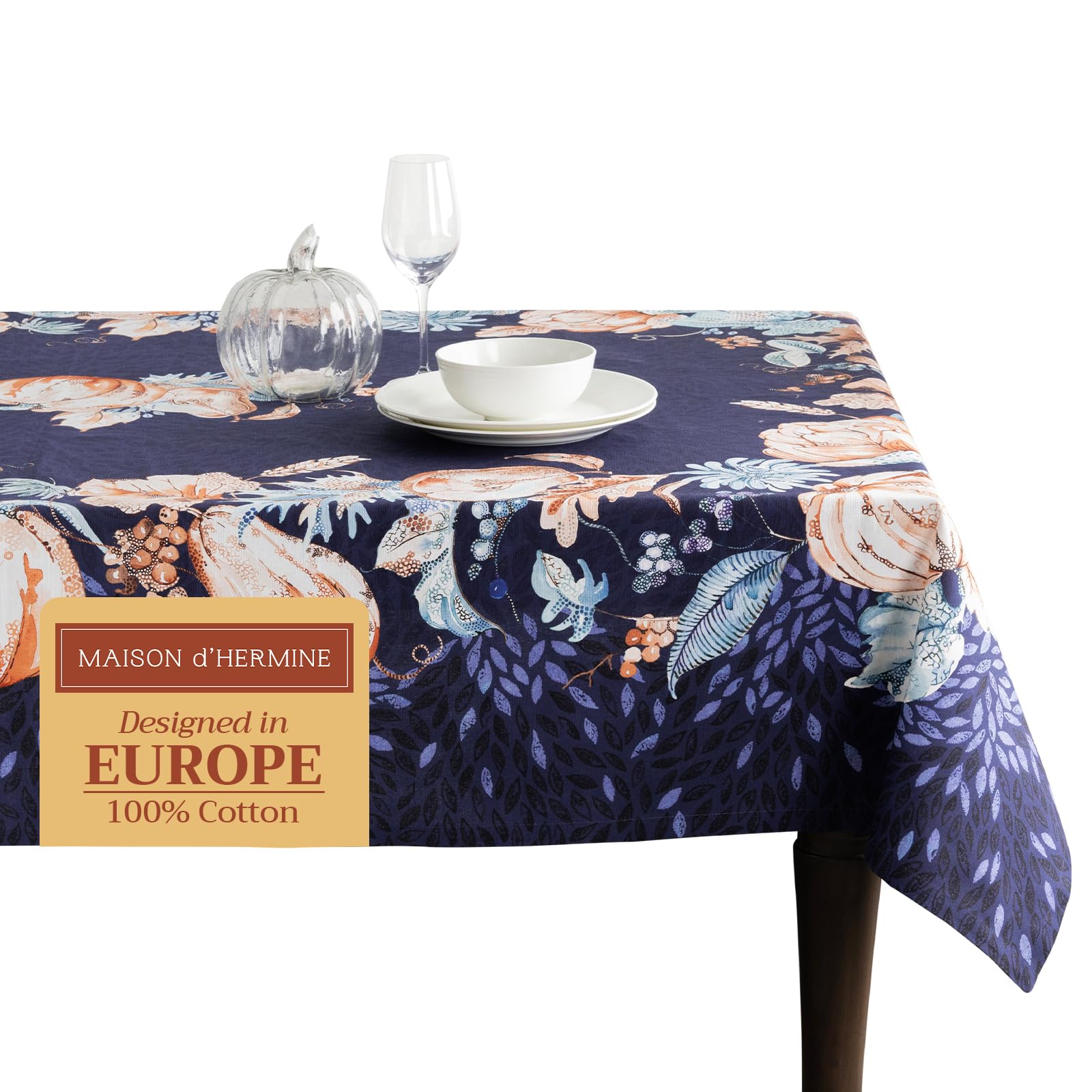 Maison d' Hermine Table Cloth Rectangle Table 100% Cotton 60 x 90 Inches Fall Tablecloth Reusable Everyday Use for Thanksgiving Christmas Decorations Dining Farmhouse Party (Pumpkin Blues) Image