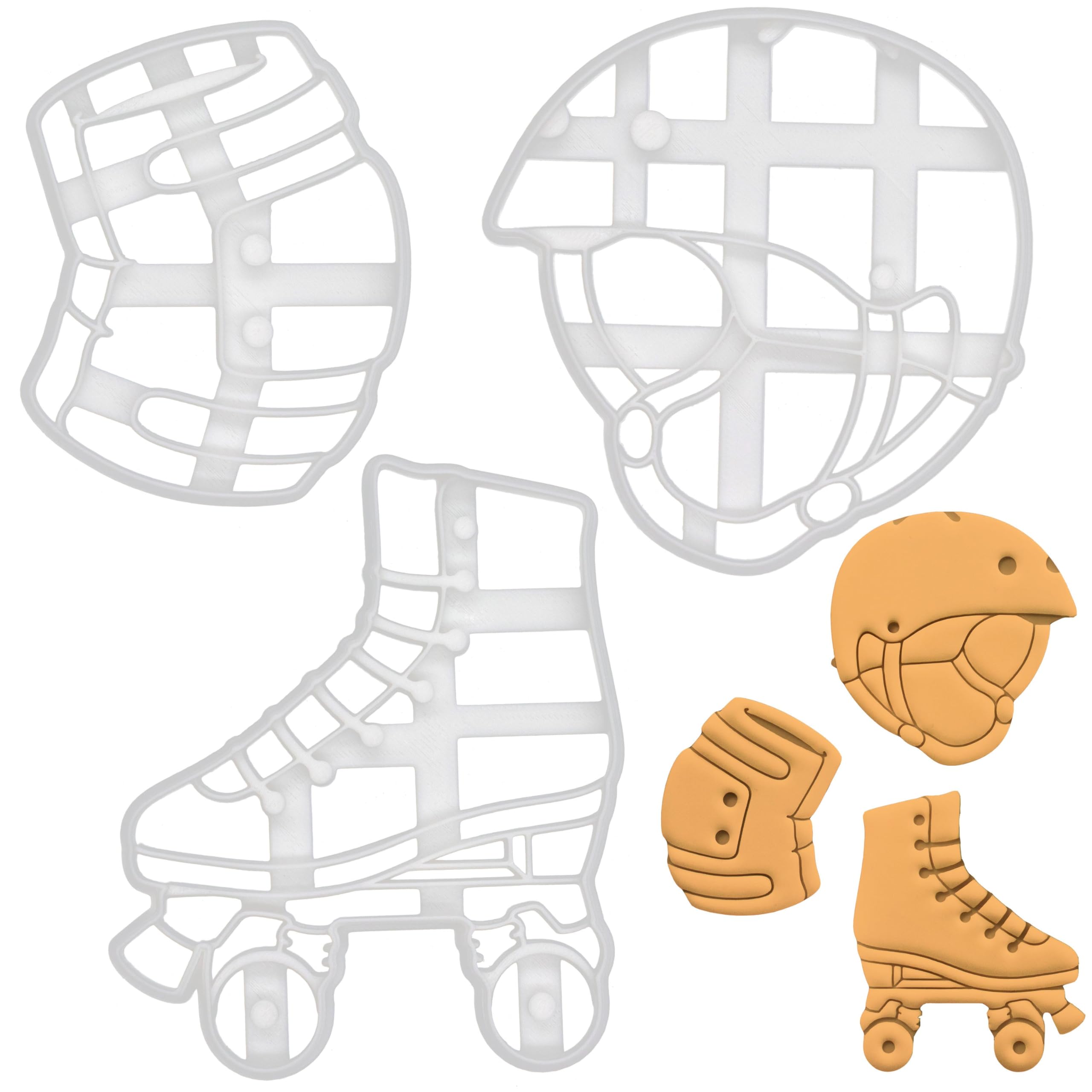 BAKERLOGY Set of 3 Roller Skating Themed Cookie Cutters (Skate Helmet, Knee Pad, and Roller Skate) - Detailed Biscuit Cutter Design for Baking and Crafts, Ideal on Fondant, Dough, Clay