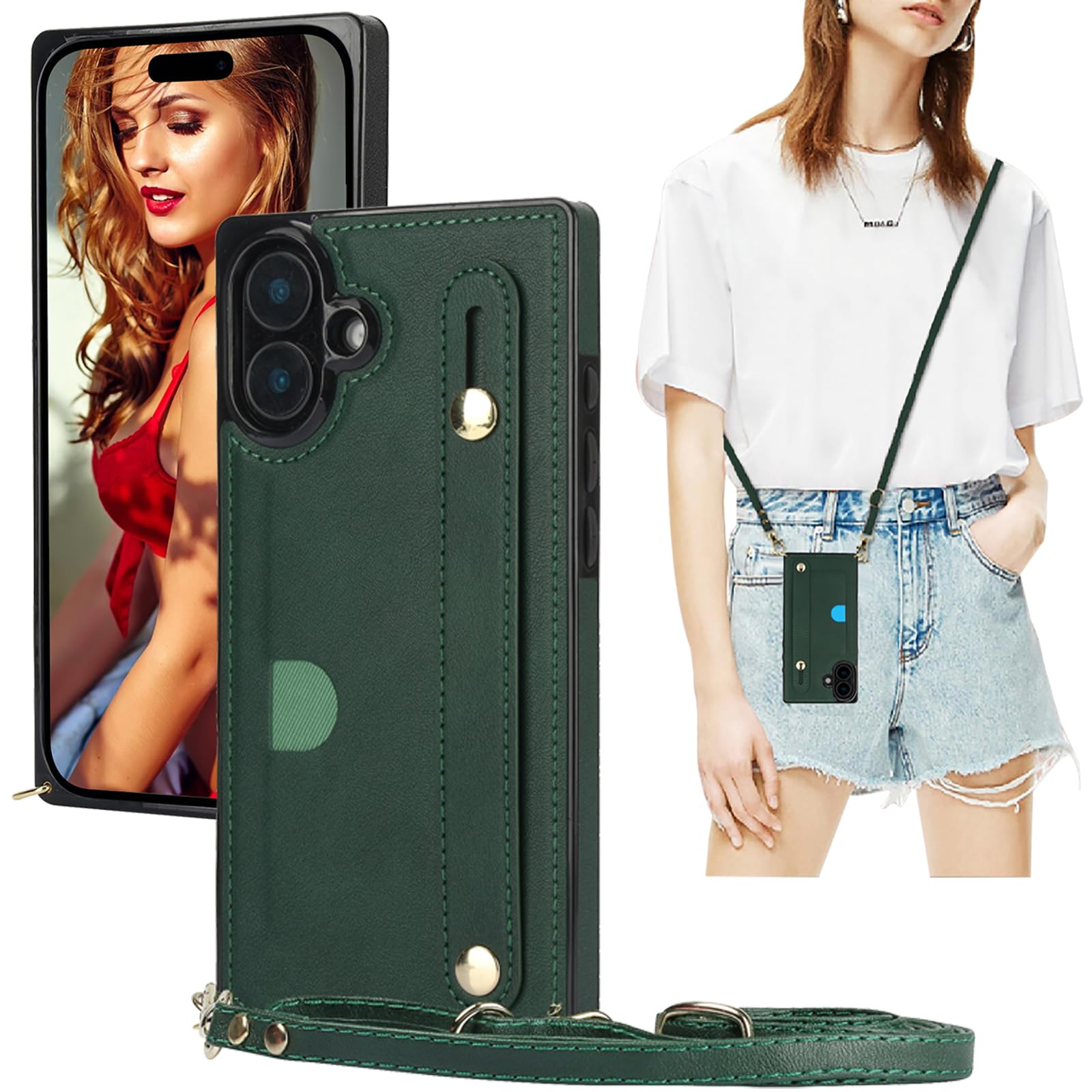 Ysnzaq Crossbody Case for iPhone 16 6.1" with Card Holder and Strap, PU Leather with Adjustable Neck Cord Lanyard Wallet Shockproof Case Cover for iPhone 16 / Apple 16. ZY Green