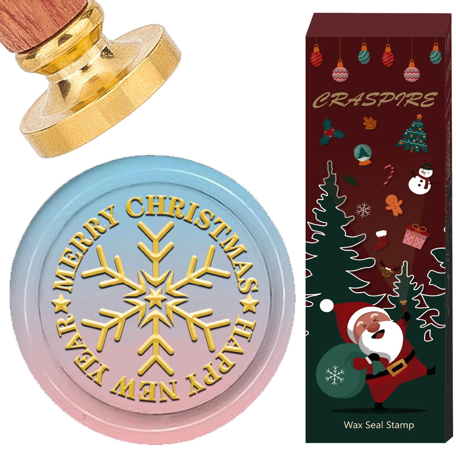 CRASPIRE Merry Christmas Wax Seal Stamp Snowflakes Sealing Wax Stamps 30mm Winter Vintage Removable Brass Stamp Head with Wooden Handle for Wedding Invitations Halloween Thanksgiving Gift Packing