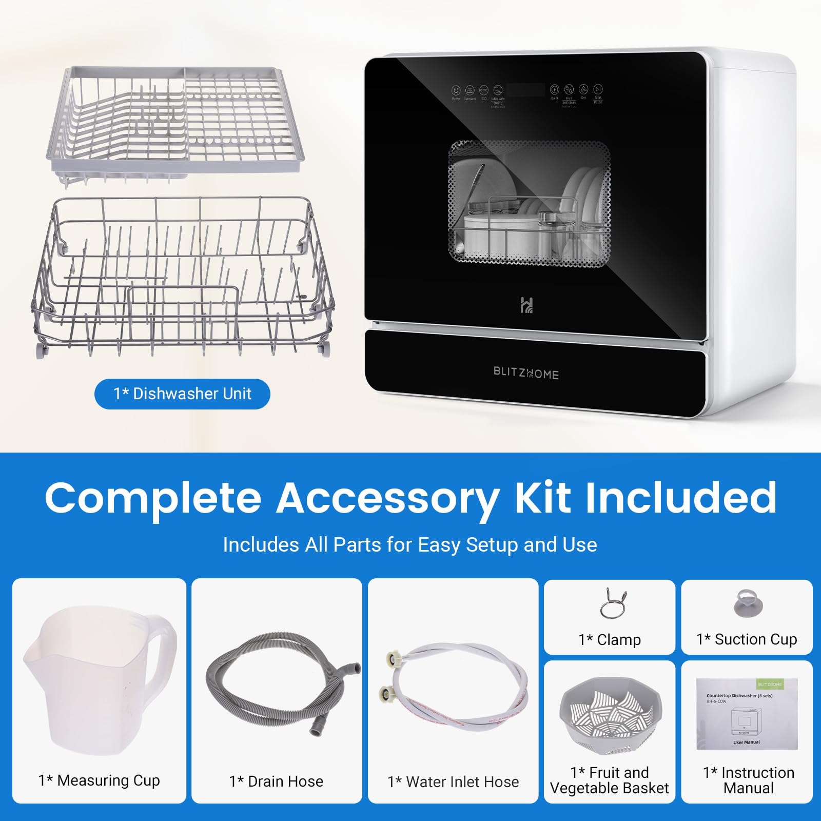 BLITZHOME Countertop Portable Mini Dishwasher, 9 Programs,167℉ High-Temp, Hot Air Drying, Air Refresh, 360° 3 Spray, 24H Timing, LED Light, 5.2L Built-in Water Tank for Apartments RVs