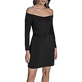 BCBG Womens Off The Shoulder Long Sleeve Belted A-line Mini Dress