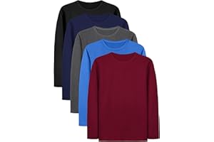 Cooraby 5 Pack Toddler Boys Long Sleeve Shirts Soft Crewneck Top Tees Shirts Kids Solid Colors 2-14 Years