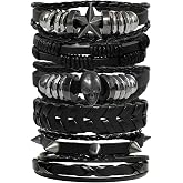 Lexaoyoo Punk Rock Bracelets for Men Women, 6 PCS Studded Wristbands, Adjustable PU leather bracelets with skull and star accents. Great for concerts, cosplay, biker gothic styles