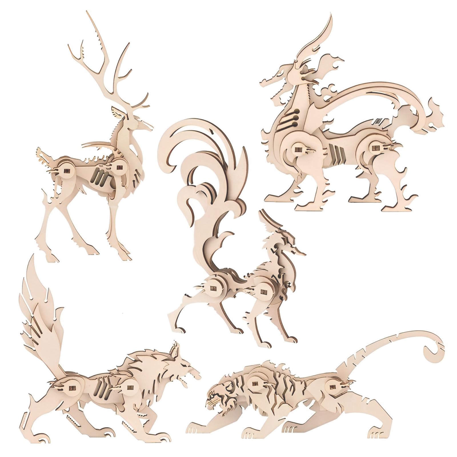 Woodcraft Construction Kits, 5 Pieces 3D Wooden Animal Puzzle DIY Animal Model Building Wood Tiger Wolf Deer Fox Qilin Craft Jigsaw for Kids Adults