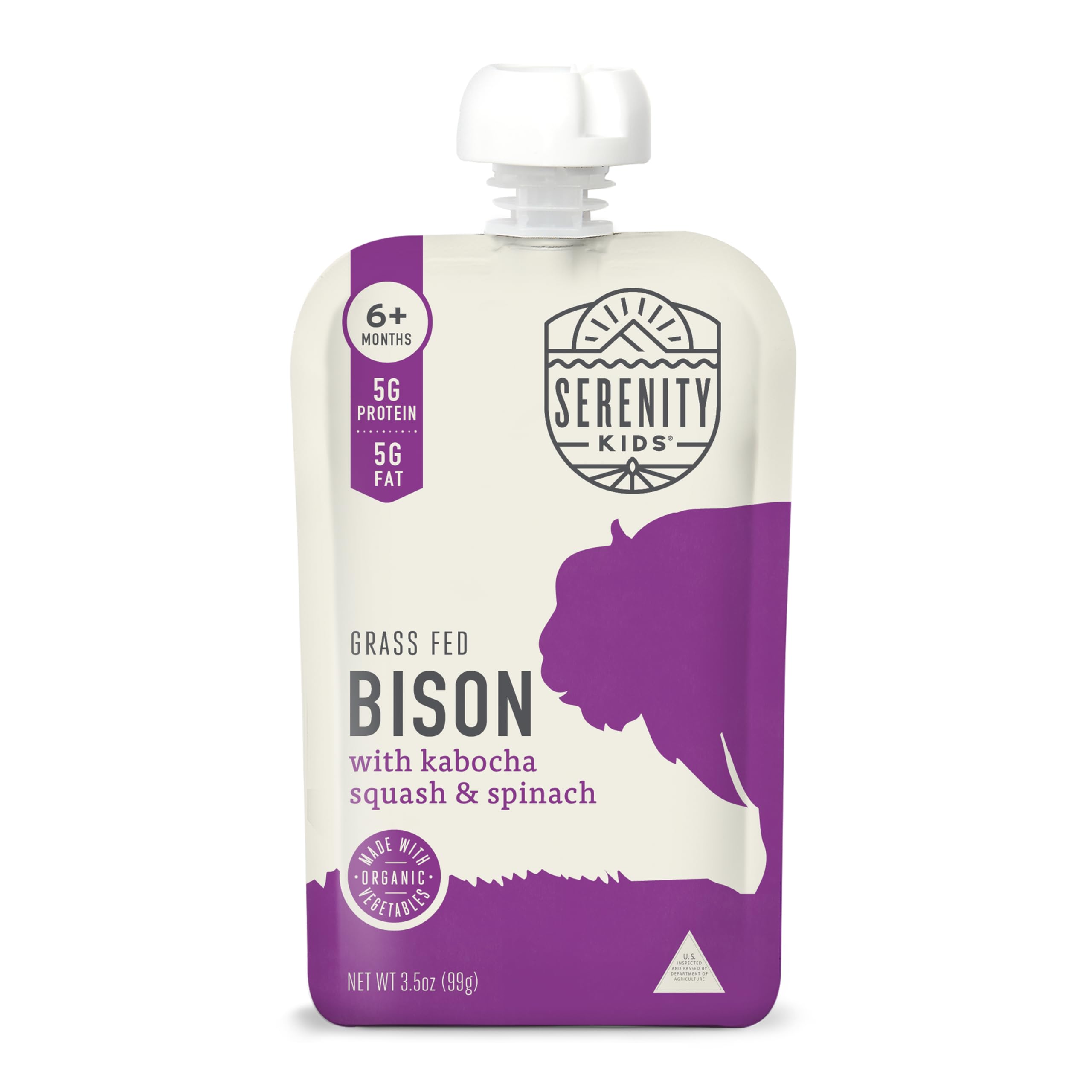 Serenity Kids Baby Food Pouches, Grass Fed Bison with Organic Kabocha Squash & Spinach, For 6+ Months, 3.5 Ounce Pouch (12 Count)
