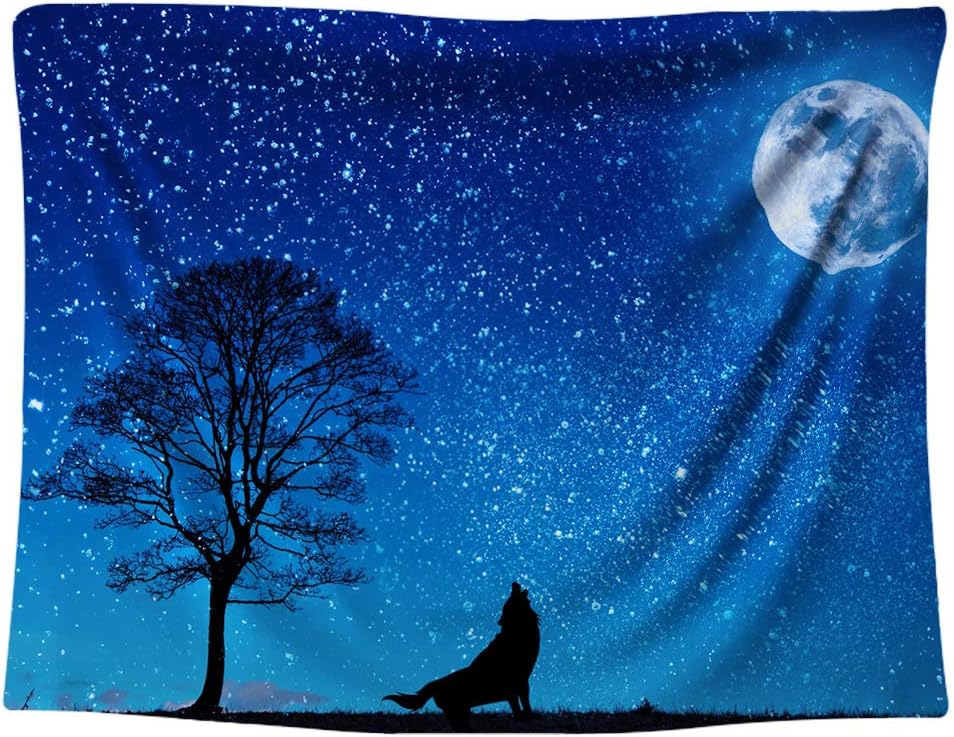 Gloria Nelly Wolf in The Night Tapestry, Moon and Stars Wall Hanging 3-D Effects Wolf Wall Tapestry for Dorm Bedroom Living Room Decorations,60" × 80" / 150cm × 200cm
