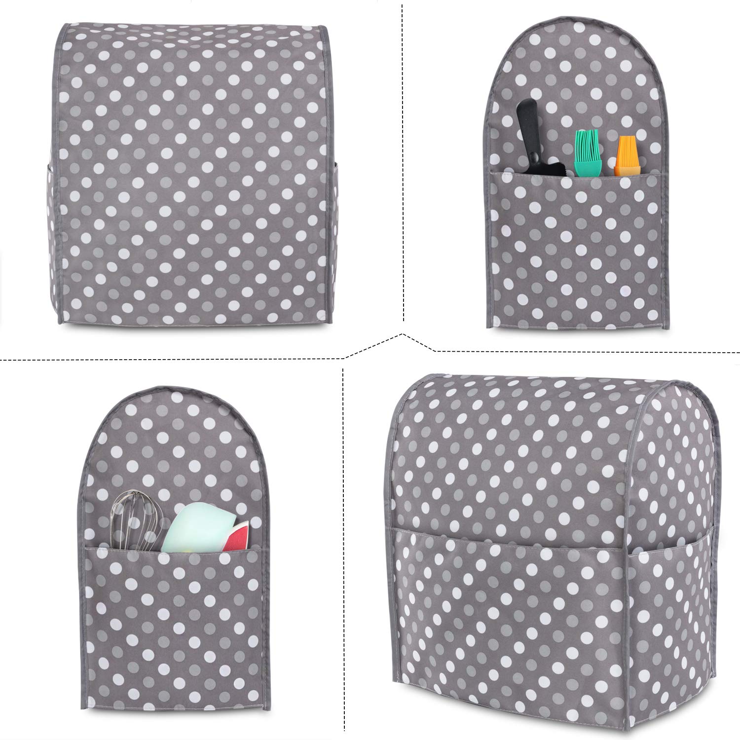 Luxja Dust Cover for 6-8 Quart Stand Mixer, Cloth Cover with Pockets for Accessories, Gray Dots
