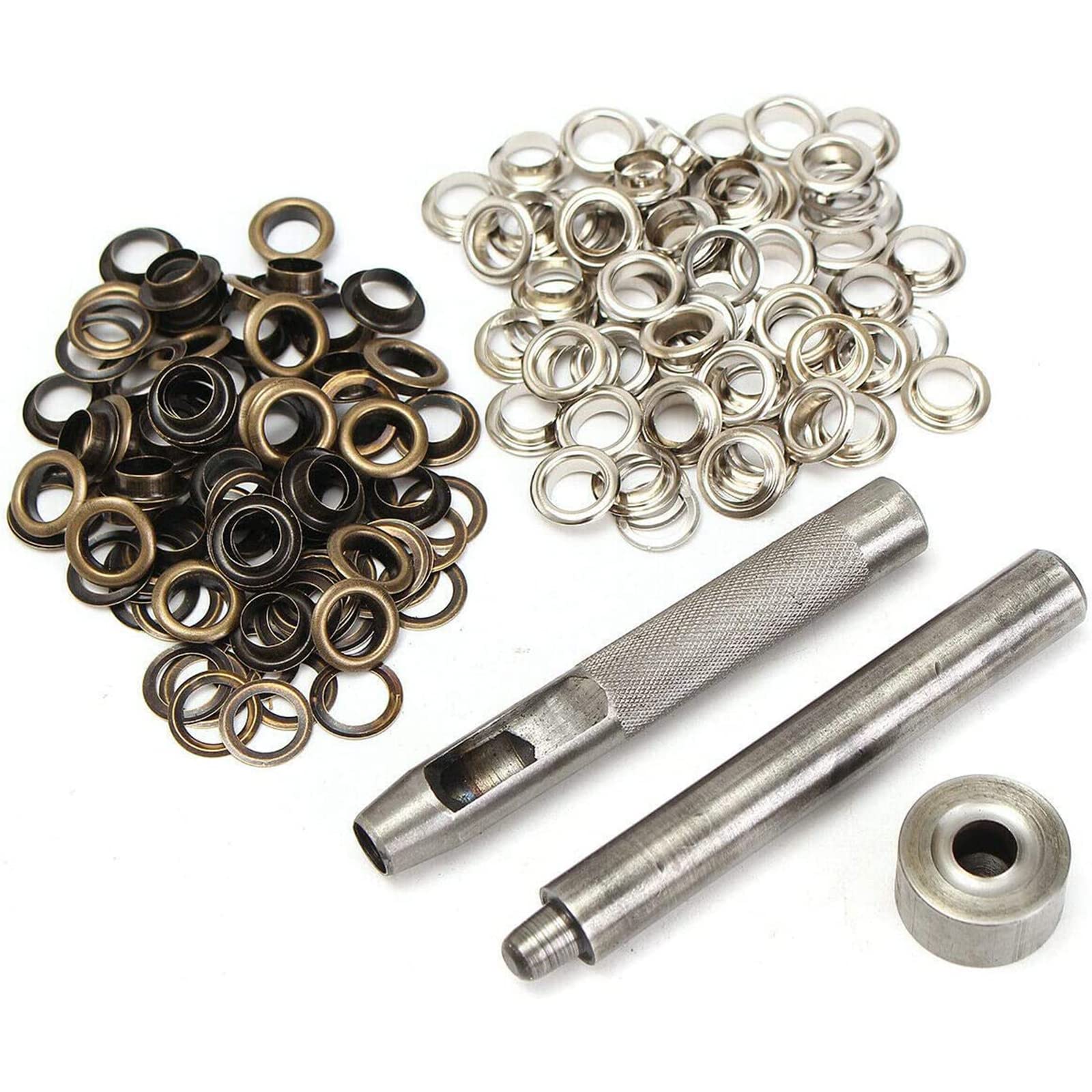 Boxonly 100 Sets Eyelet Punch Die Tool Kits Metal Grommets Kit 150# 4mm Eyelets Hole with Punch Hole Tool and Tool Kits for Leather Craft,Clothes,Purse,DIY Projects