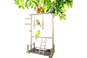 Joyeee Bird Life Activity Center, Pet Stand Platform Parrot Toys for Small Birds, Bird Perch Toy with Ladder, Wood Swing, Hanging Bell, Feeder Seed Cup & Tray, Gym Climbing Toys Cockatiel Playground