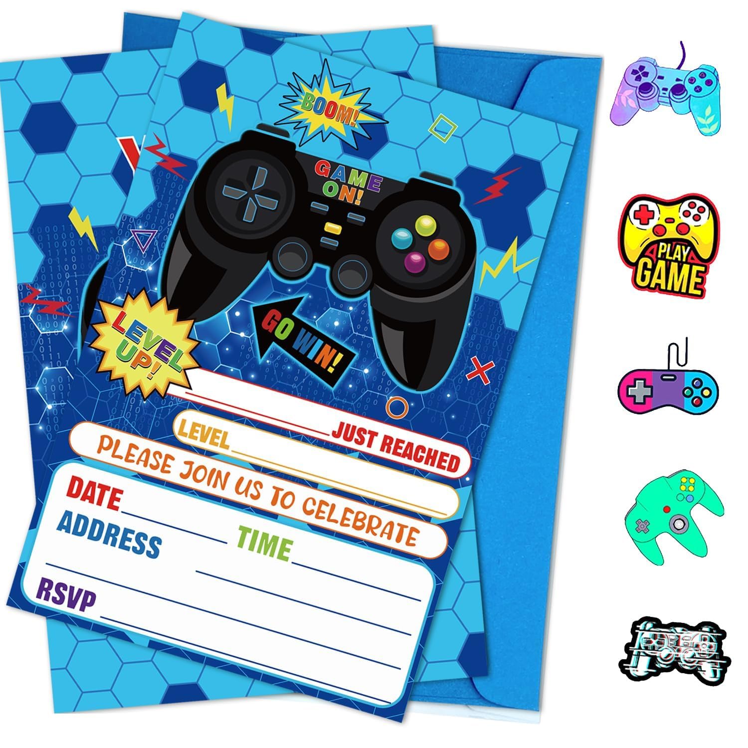 PTECDROTS 20Pcs Video Game Invitations Sets with Envelopes & Stikers Blue Game On Party Invitations for Boys Birthday Gamer Party Supplies, 17x12cm