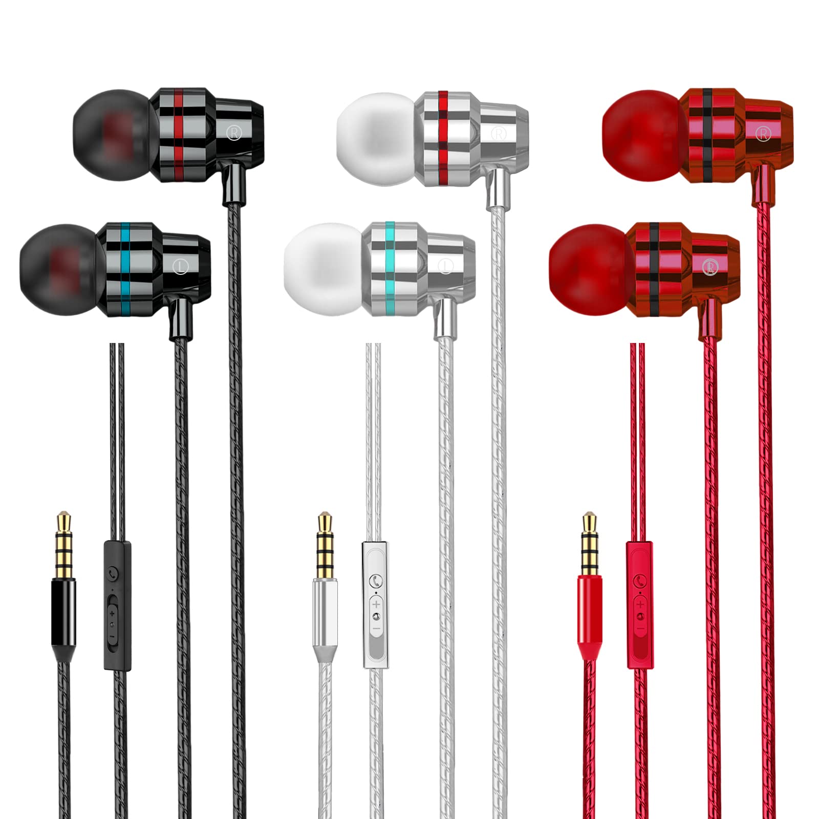 Yatloml 3 Pack Earphones, Wired In-Ear Headphones With Microphone and Volume Control, Noise Isolating and Deep Bass, Lightweight 3.5 mm Earbuds Compatible With iPhone, iPad, Android