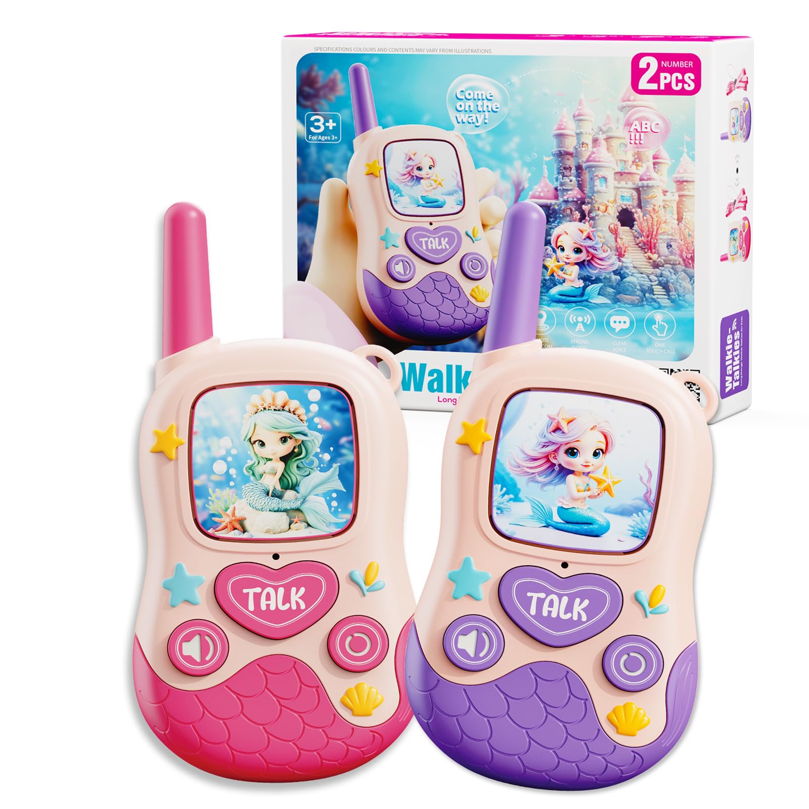 DQMOON 2PCS Walkie Talkies for Kids, Mermaid Gifts for Girls Walkie Talkies Kids Toys for 3 4 5 6 Year Old Girls Gifts, 2 Players Outdoor Toys Birthday Easter Gifts Xmas Stocking Fillers Mermaid Toys