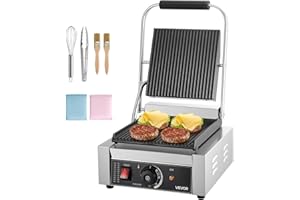 VEVOR Commercial Panini Grill, 1800W Electric Sandwich Panini Maker, Stainless Steel Sandwichs Press Grill with Handle and Temp Control, 8.8x9 in Full Grooved Enamel Plate for Hamburger Steak Bacon
