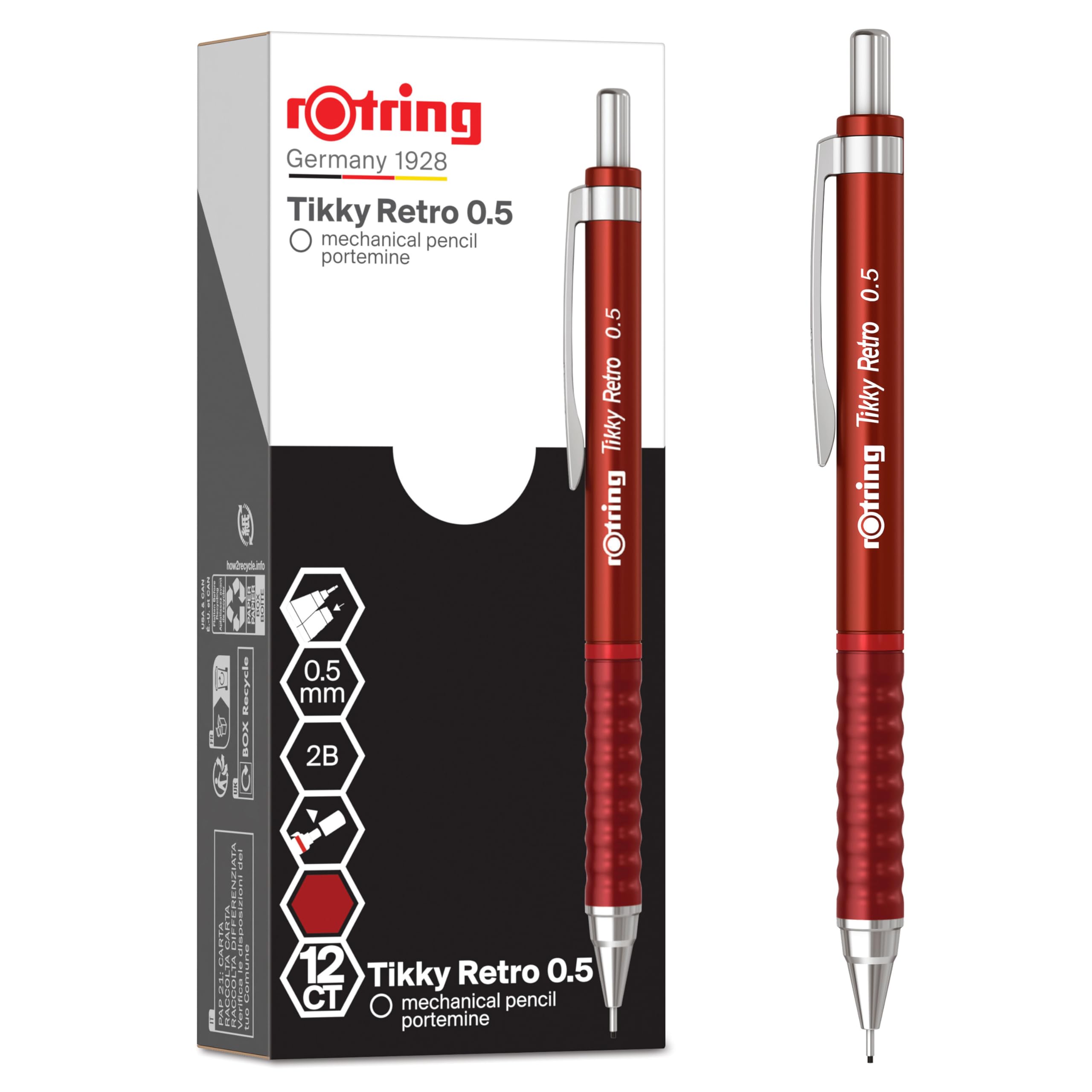 rOtring Tikky Retro Mechanical Pencils | 2B 0.5 mm | Red Barrels | with Comfort Rippled Grip | 12 Count