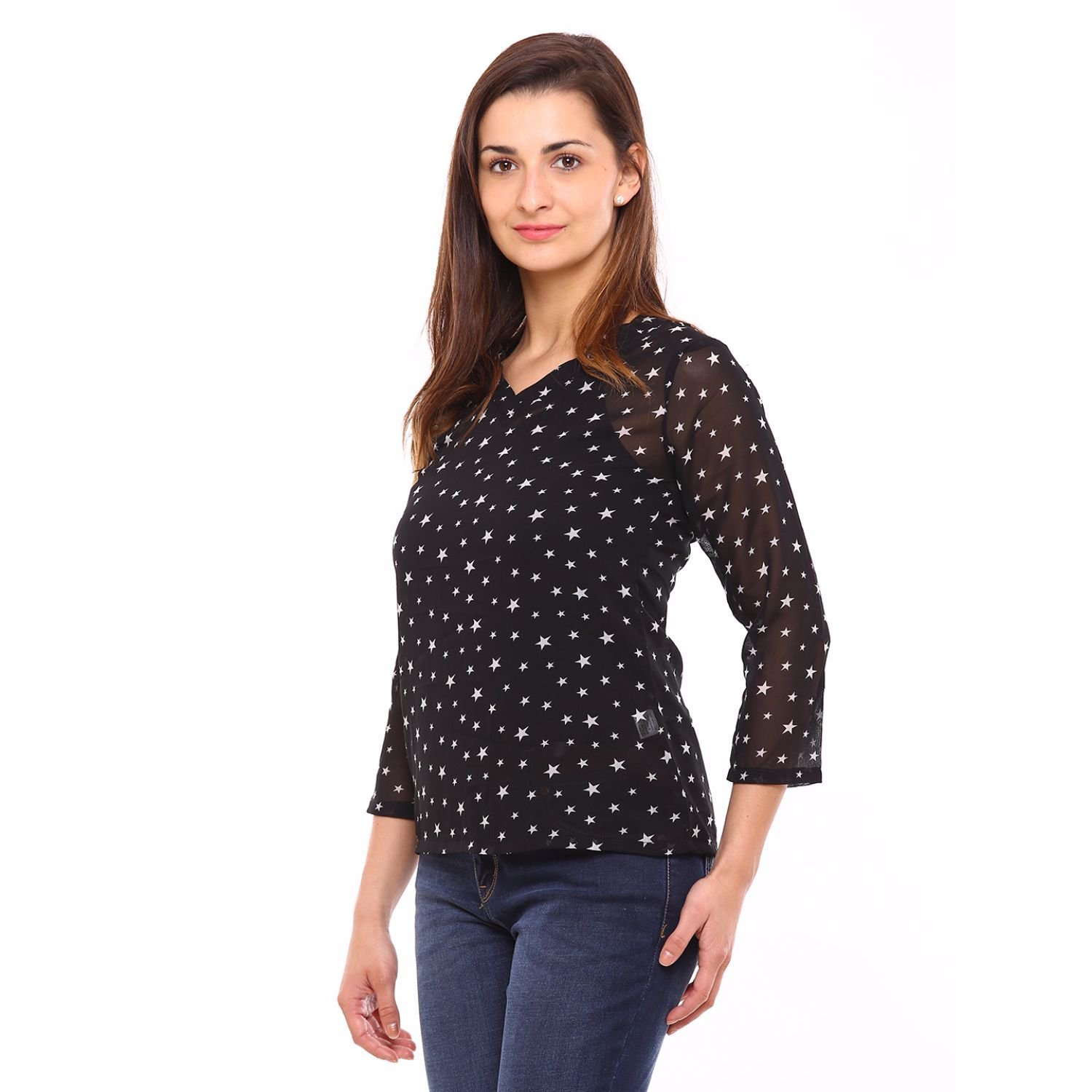 vvoguish printed polyester black top-vvtop684blkprnt