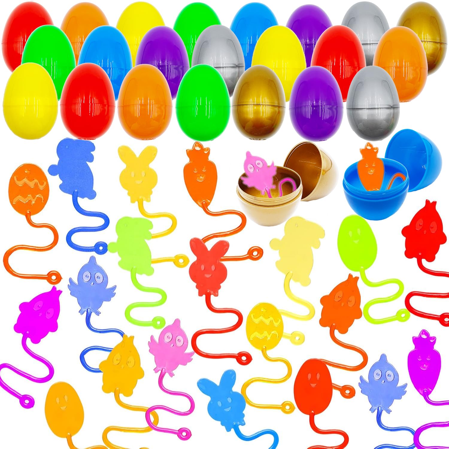 Mchochy 24 Pack Sticky Hands Toys Filled Easter Eggs, Plastic Easter Eggs Filled with Bunny Chick Sensory Stretchy Toys for Kids Gifts, Easter Egg Hunt Party Favors, Easter Basket Stuffers