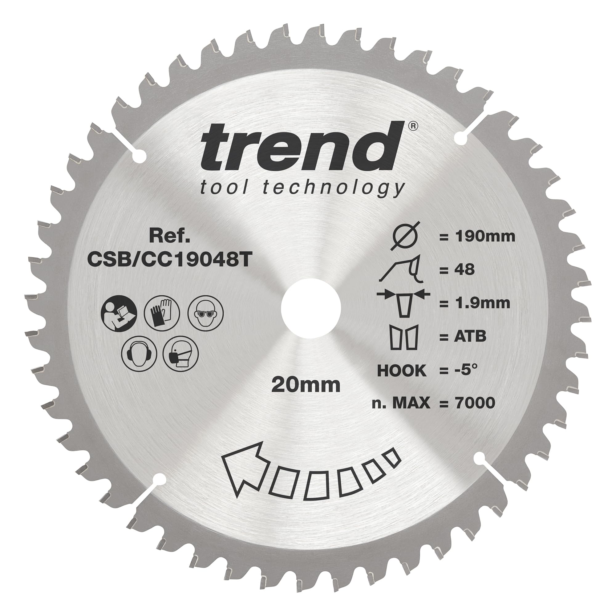Trend Wood Cordless Mitre Saw Blade, 190mm Diameter, 20mm Bore, 48 Teeth, 1.9mm Kerf, -5° Hook, TCT, Fine Finish, CSB/CC19048T