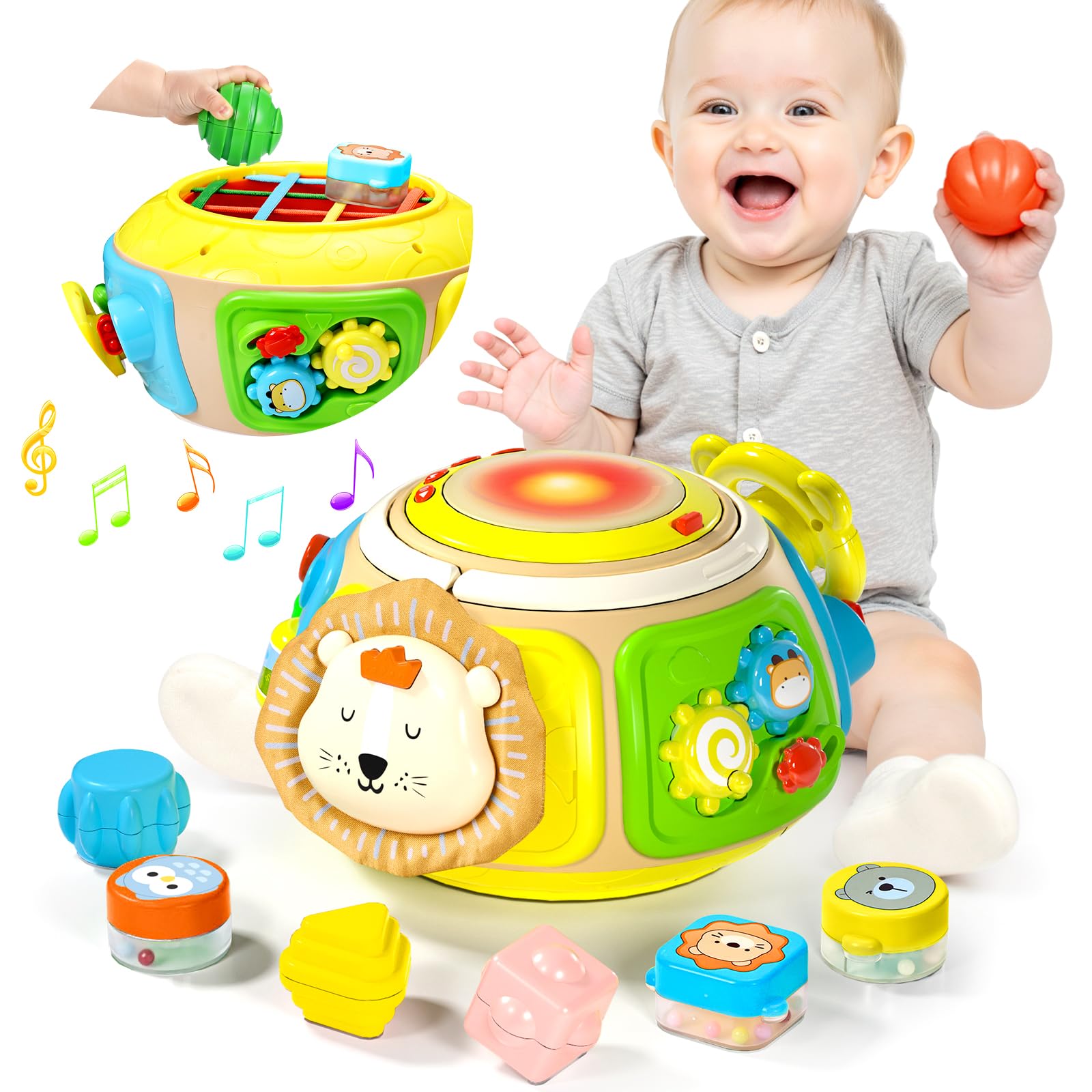 7-in-1 Activity Cube Drum Montessori Toys for Baby, Busy Toys for Toddlers with 9 Sensory Shape Blocks, Music & Light Educational Toys Christmas Birthday Gifts for Kids Boys Girls