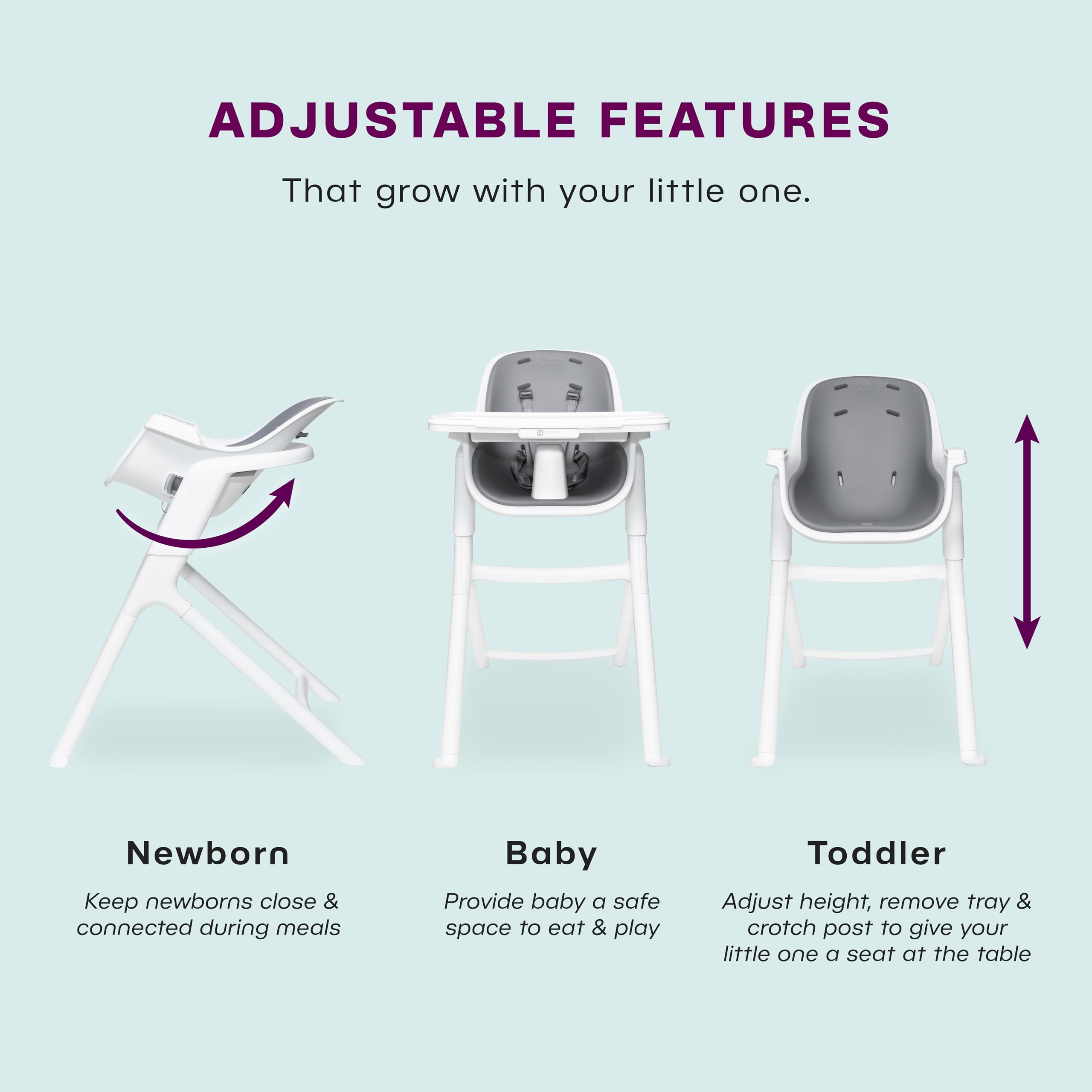 4moms Connect High Chair, One-Handed Magnetic Tray Attachment, White/Grey