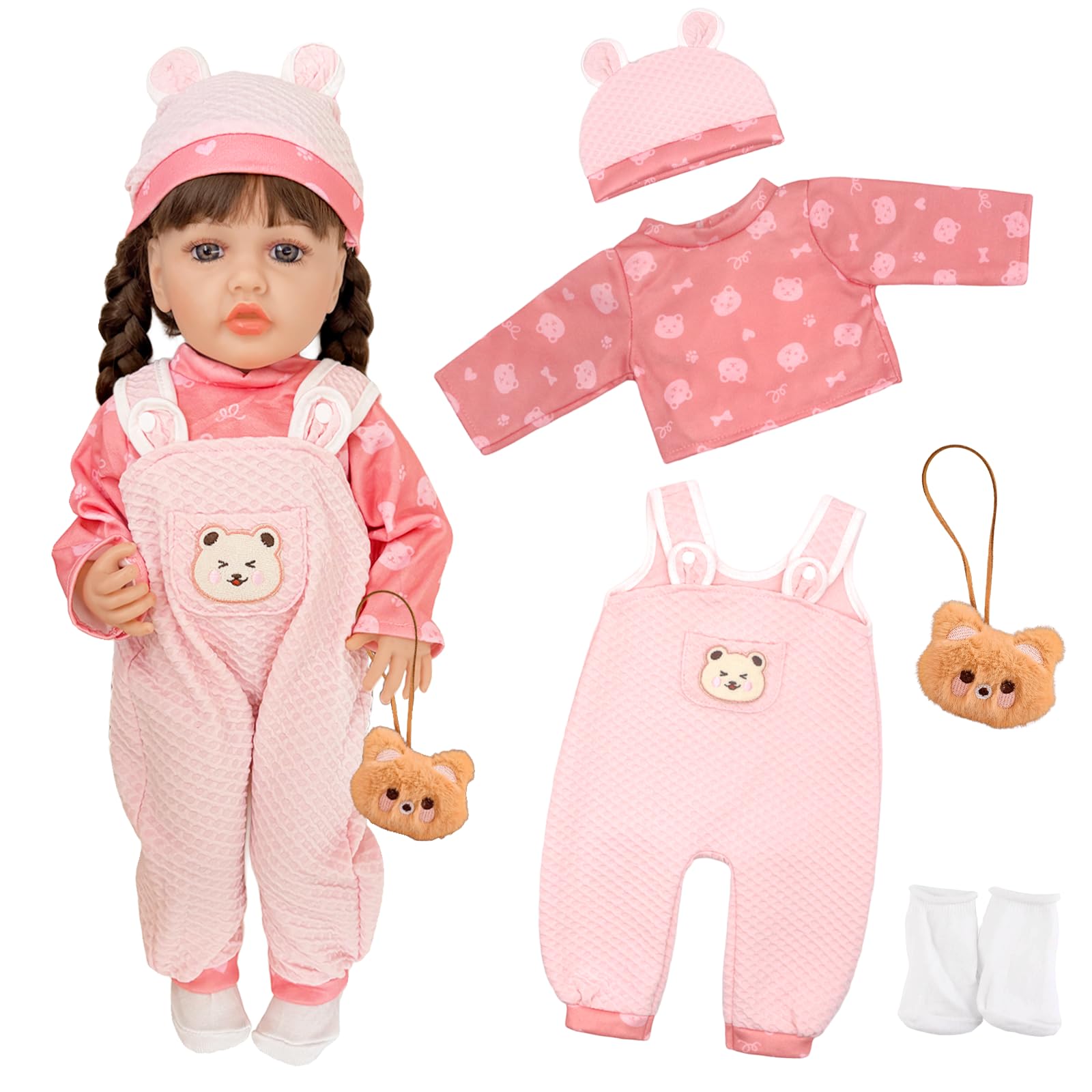 5 Pcs Baby Doll Clothes for 20-22 Inch Dolls, Sweet 20-22 inch Pink Baby Doll Overalls with 1 Bear Print Top+1 Jumpsuit+1 Hat+1 Bear Pendant+Socks, 50-56cm Baby Doll Outfits Gifts for Girls/Boys