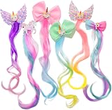 Little World 6pc Curly Hair Extensions Clip-in Kids Rainbow Unicorn Bow Girls view 1