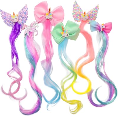 Little World 6pc Curly Hair Extensions Clip-in Kids Rainbow Unicorn Bow Girls