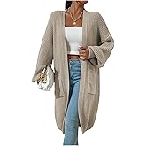 WDIRARA Women's Open Front Cardigan Sweaters Long Sleeve Knee Length Knit Outerwear with Pockets