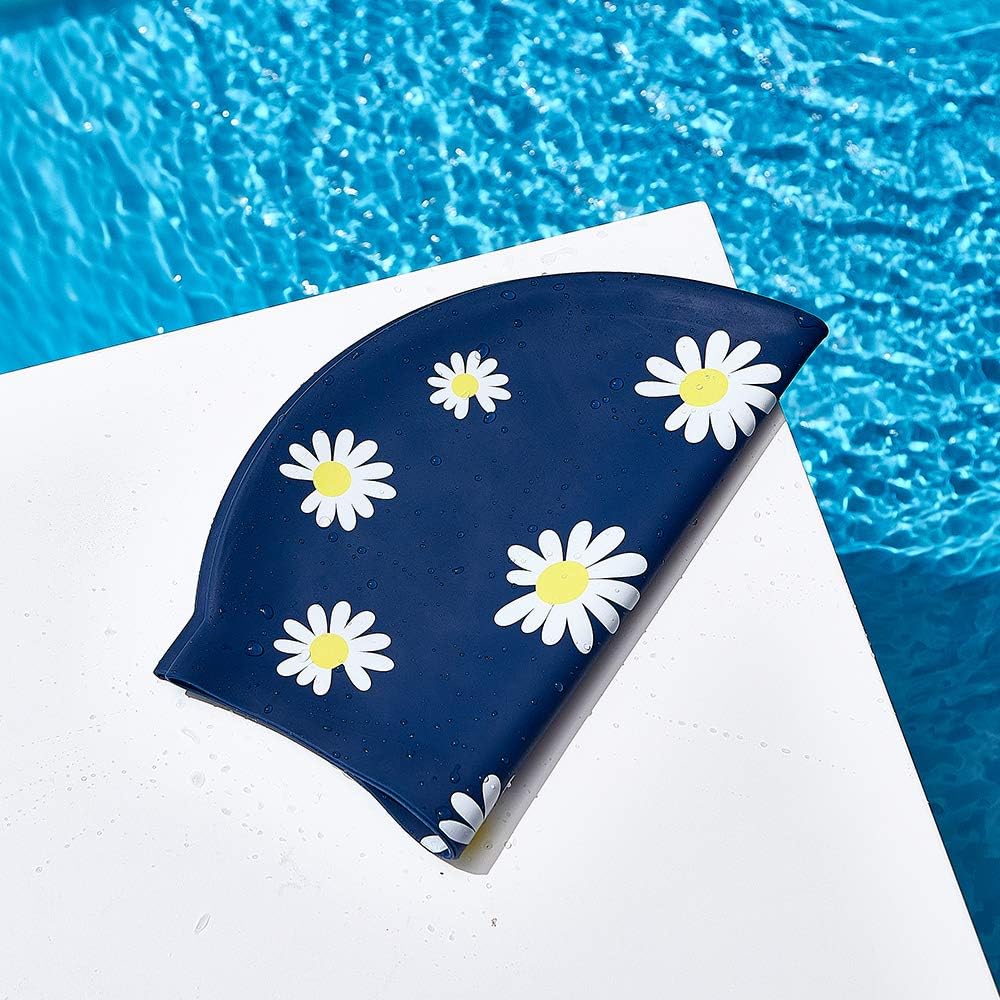 Marsolly Silicone Swim Cap for Women, Waterproof Long Hair Swimming Caps with Flower Printed : Sports & Outdoors