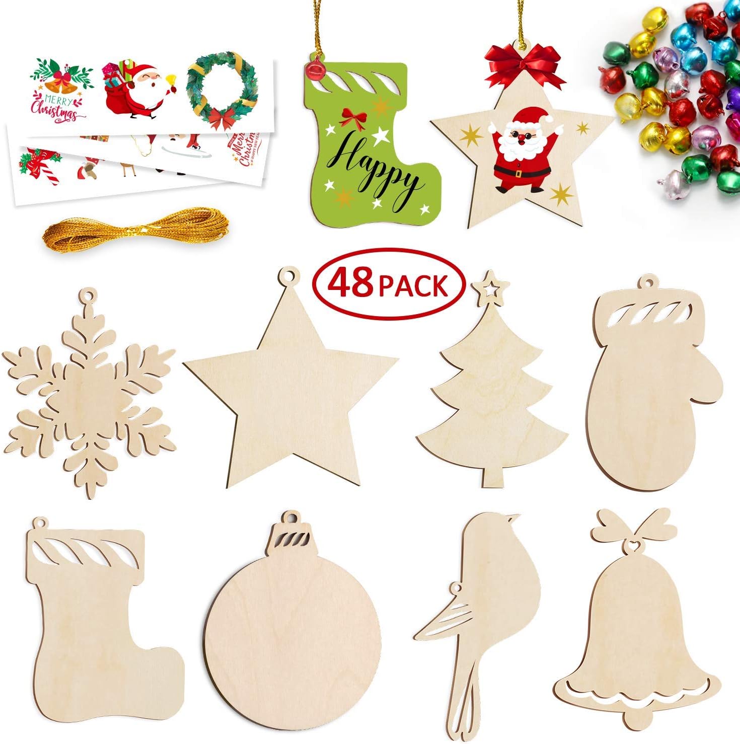 Download Amazon Com 100 Christmas Wooden Ornaments 48pcs Slices 50 Bells 3 Sheet Stickers 65 6ft Cord 8 Different Shapes Unfinished Diy Crafts Kit PSD Mockup Templates