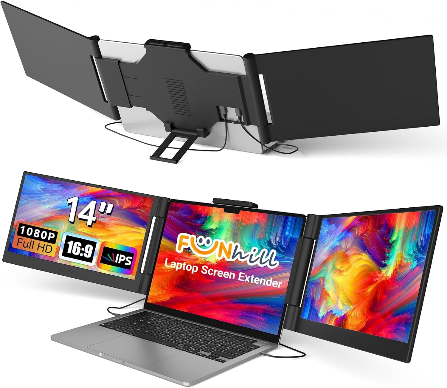 Funhill Laptop Screen Extender 14 inch Laptop Monitor Extender 1080P IPS, Triple Portable Monitor for Laptops 13-17.3" with Display/HDMI Port, Plug-Play Portable Screen for Windows/Chrome/Android
