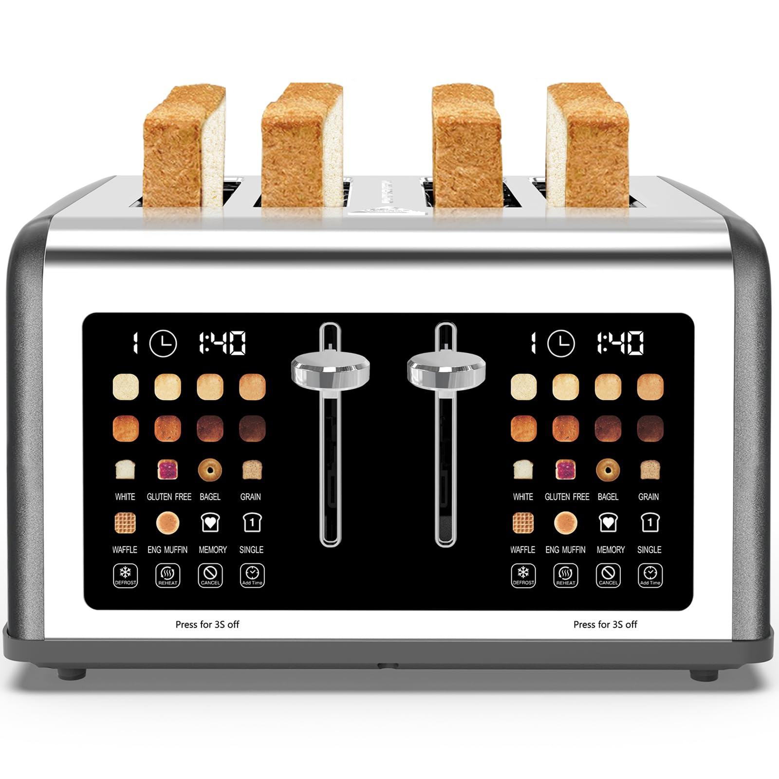 Tostadora de 4 rebanadas con pantalla táctil, tostadoras de acero inoxidable, temporizador digital, tostadoras con panel de control dual, 8 configuraciones de sombra, 6 tipos de pan para bagel, cancelar, descongelar 1650W gris