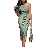 PRETTYGARDEN Women's Summer One Shoulder Ruched Satin Dress Sleeveless Wrap Spring Wedding Guest Cocktail Midi Dress