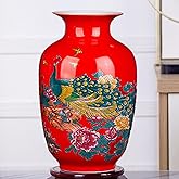 MTME Porcelain Figurines, Jingdezhen Peacock Decorative Flower vase, Home Decor, Wedding Gifts, Aesthetic Sculpture Home décor (Red)