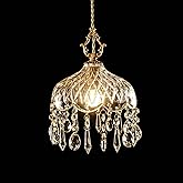 LYTSNUGIC Small Vintage Crystal Pendant Light Kitchen Island,French Brass Glass Mini Hanging Light,Adjustable Height Single L