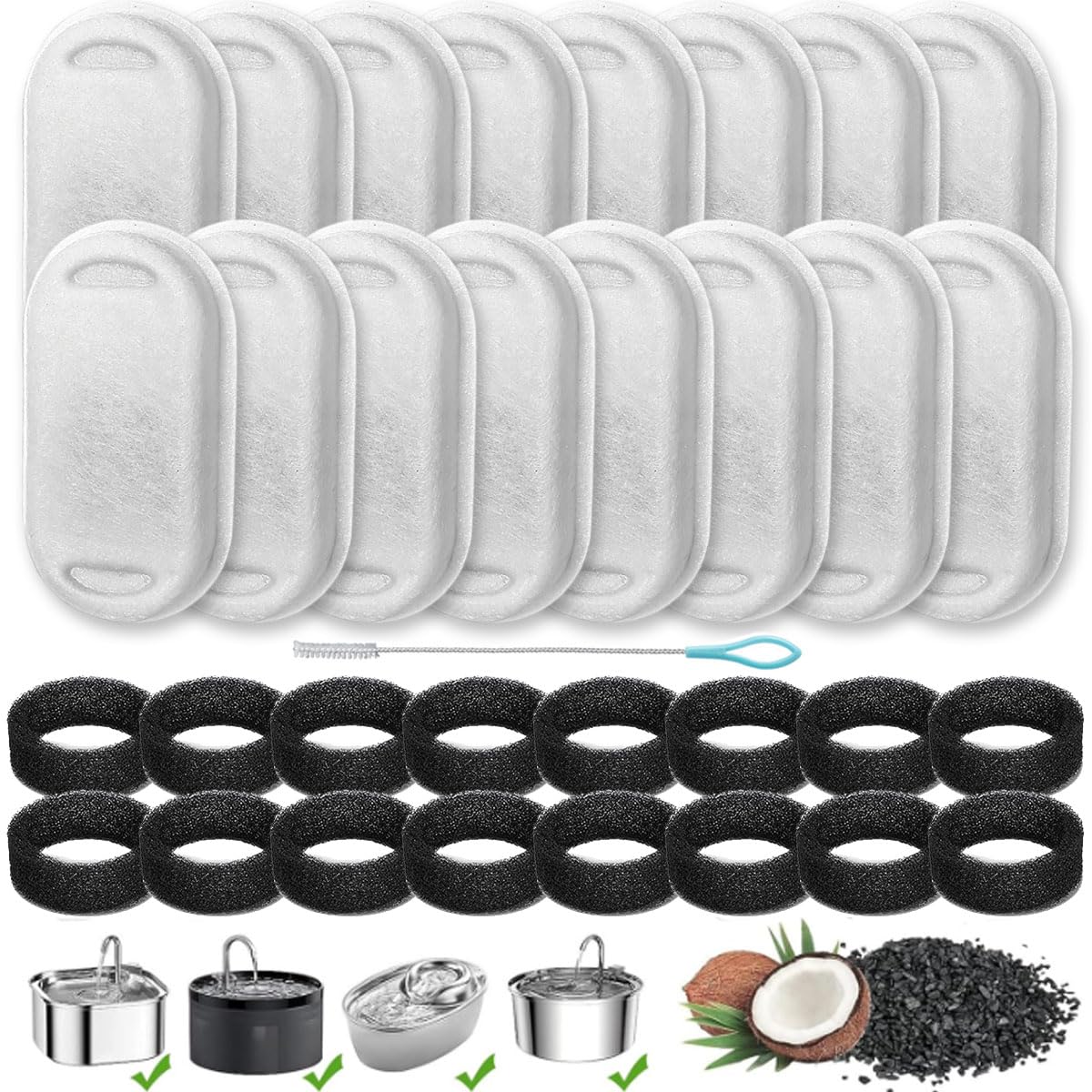 Acmerota Pet Water Fountain - Stainless Steel Dispenser With Replacement Filters for Tomxcute and GIOTOHUN 108/3.2L & 67oz/2L (16 Filters & 16 Sponges)