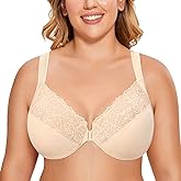 DELIMIRA Women's Front Closure Bras Plus Size Full Coverage Underwire Unlined Supportive Lace Bra