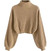 ZAFUL Women's Cropped Turtleneck Sweater Lantern Sleeve Ribbed Knit Pullover Sweater Jumper