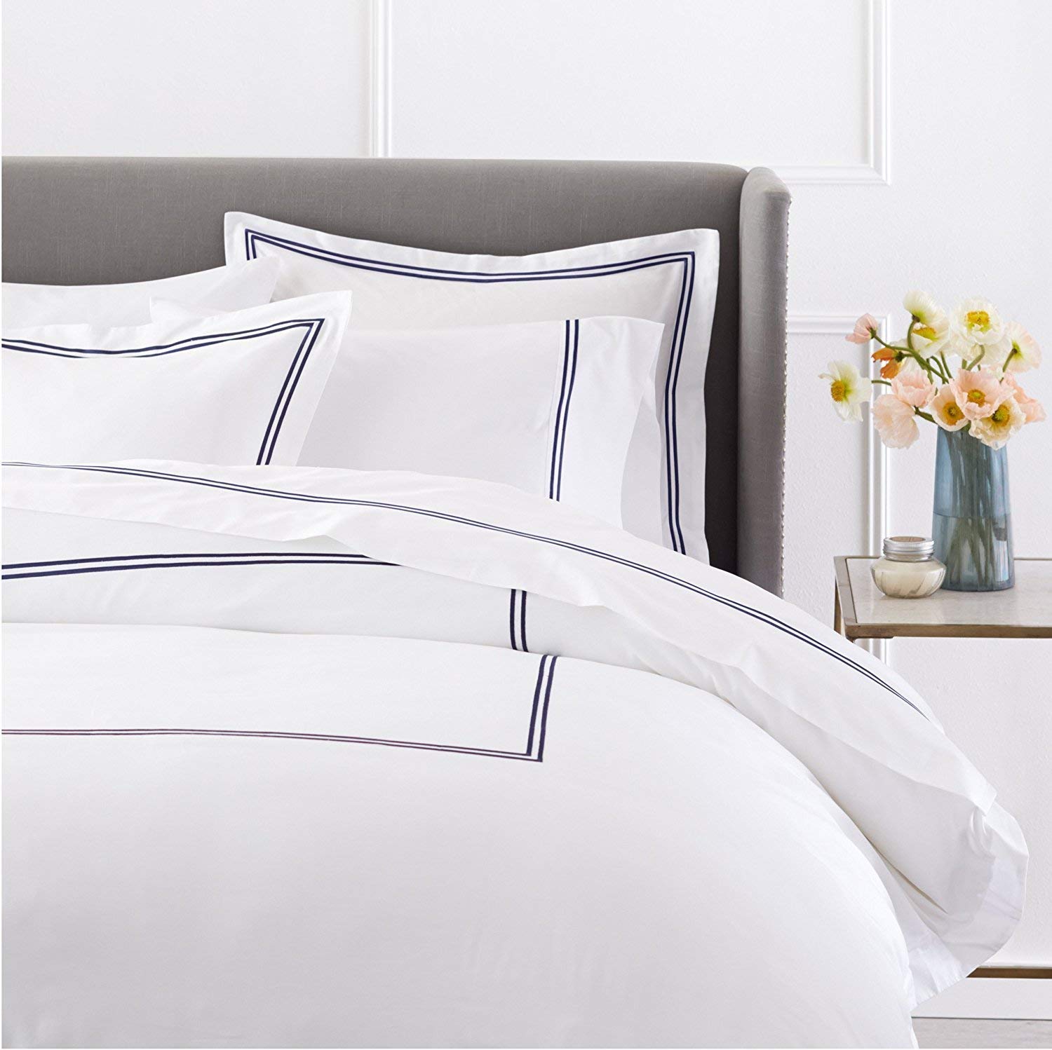 Photo 1 of BedDecor Luxury Soft Brushed 400-Thread-Count Egyptian Cotton Embroidered Duvet Cover Set with Beautiful 2-Stripe Embroidery - (Navy, King/Cal-King)