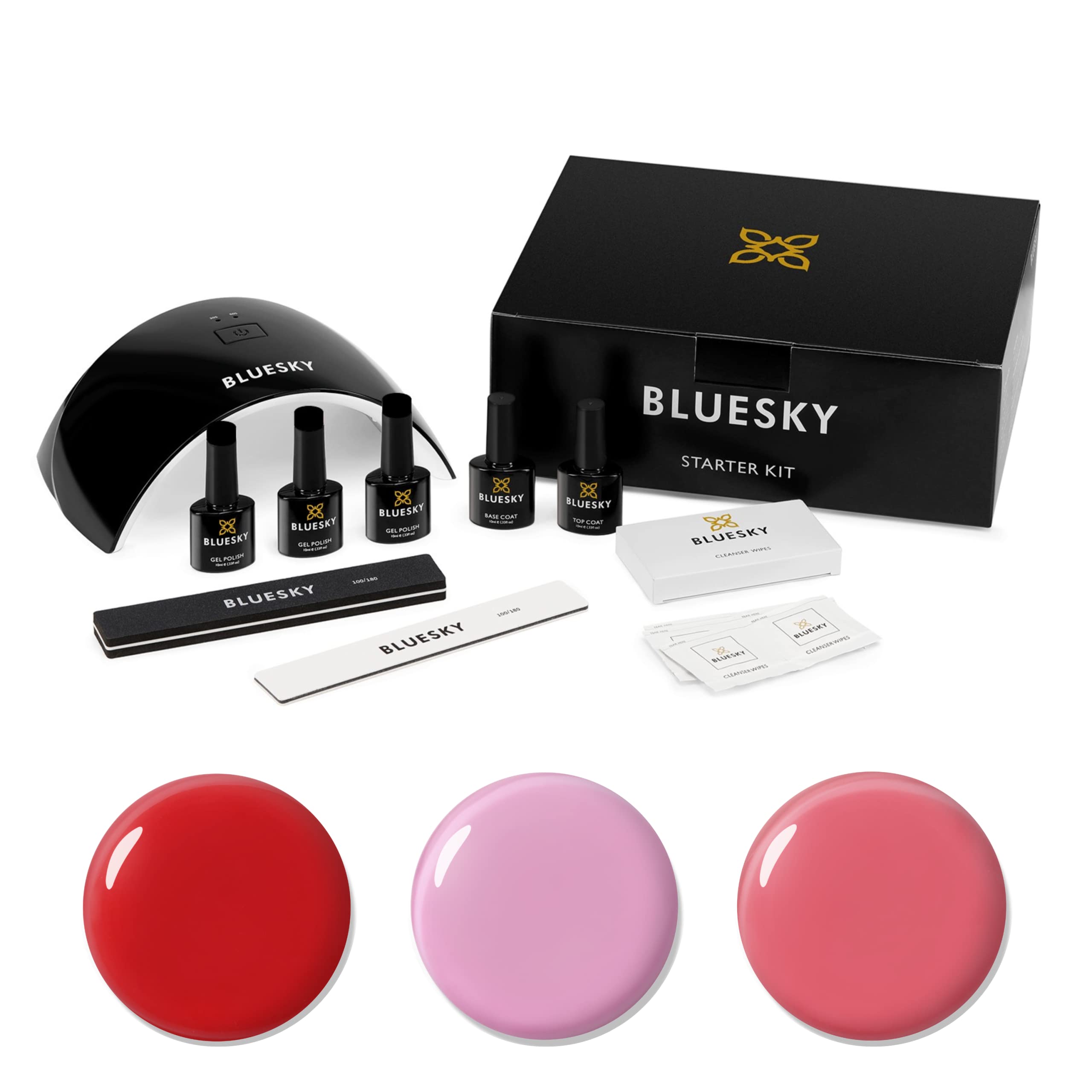 BLUESKY Gel Nail Polish Starter Kit - Summer, with Professional 24W UV LED Lamp Dryer, 3 Polishes, Cleanser Wipes, Top and Base Coat, File Buffer, Number Of Items: 1, 50.0 millilitre