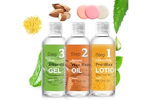 VUEYAA Before And After Waxing Skin Care Products, Chamomile Pre Wax Cleanser Lotion, Almond Oil Moisturizing Wax Remover, Post Wax Cooling Aloe Vera Gel, 3 Bottles Hair Removal Waxing Kit for Women