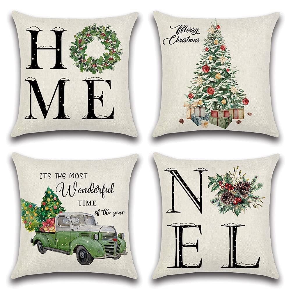 JOTOM Christmas Cushion Covers Xmas Series Home Decorative Throw Pillow Covers Water Resistant Outdoor Case Cushion Cover Gift for Sofa Bed Living Room Car Decor 45x45cm Set of 4 (Christmas Tree HOME)