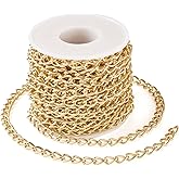 Pandahall 32.8 Feet Aluminium Curb Chains Golden Twisted Link Chains 10x6x1mm Unwelded Metal Craft Chains with Spool for Bracelet Necklace Jewelry Making