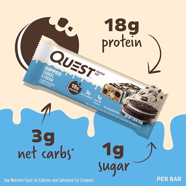 QUEST NUTRITION DIPPED COOKIES & CREAM PROTEIN BARS, HIGH PROTEIN, LOW CARB, GLUTEN FREE, KETO FRIENDLY, 4 COUNT