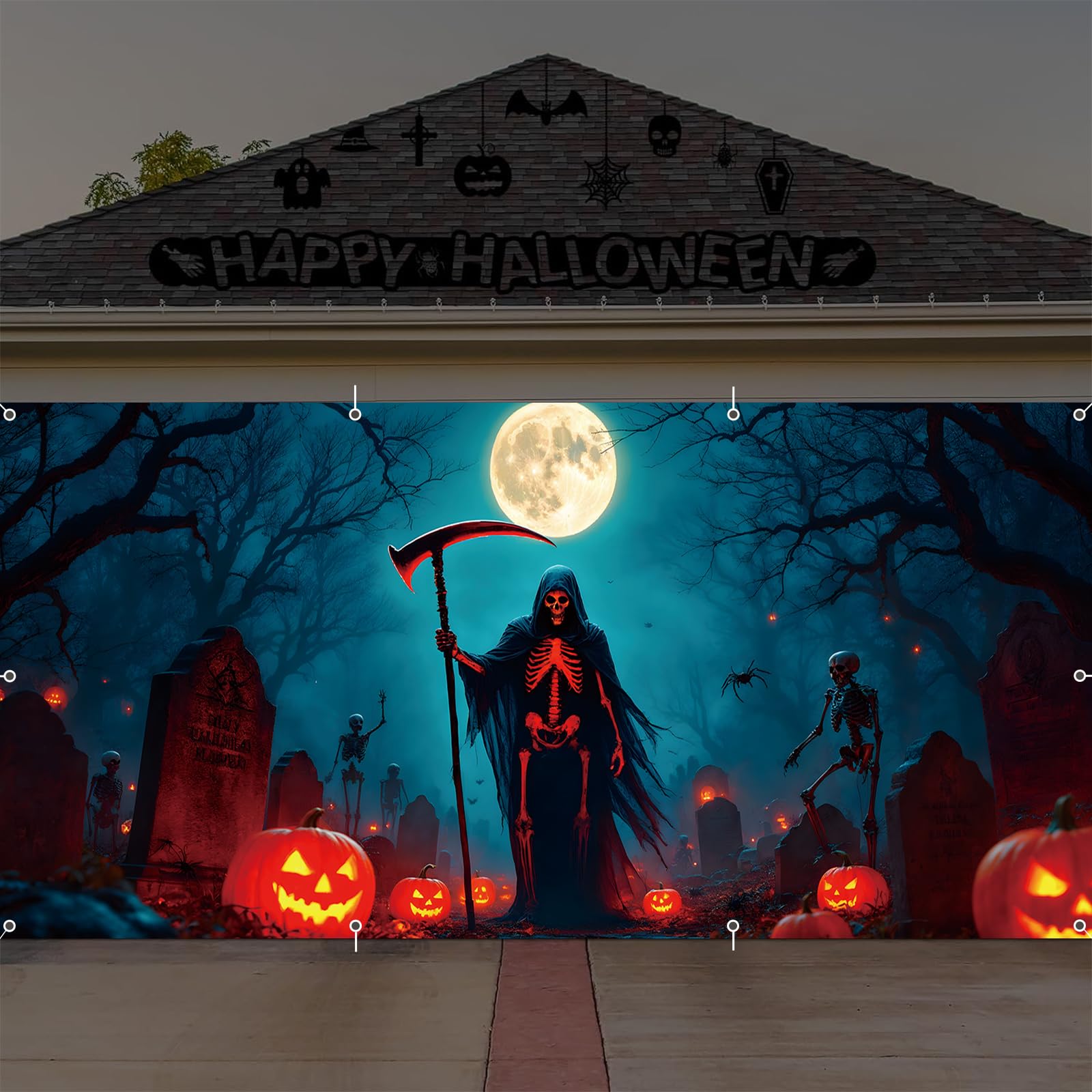 Photo 1 of Halloween Garage Door Cover 7x16ft Cemetery Graveyard Gravestone Skeleton Banner Backdrop Scary Horror Hanging Background Decorations Party Mural Supplies Outdoor